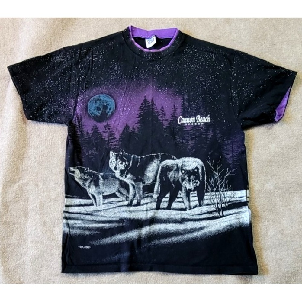 Wolf Wolves Shirt Size XL 1991 All Over Print A0P CANNON BEACH OREGON San Segal